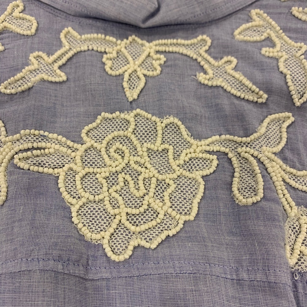 Designer Chambray Linen Handbeaded Button Down To… - image 5